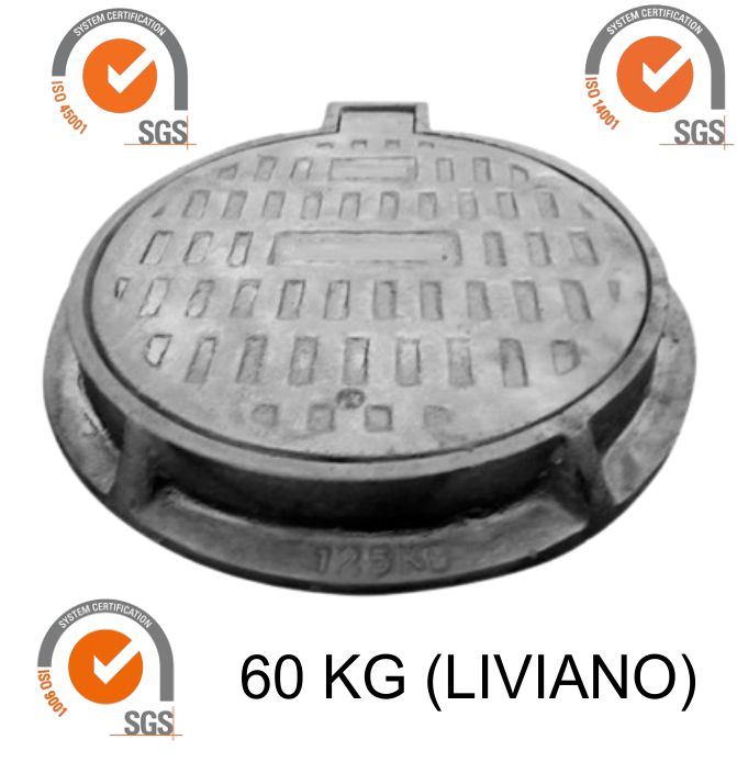 TAPA DE BUZON 60 KG, FIERRO FUNDIDO 60CM DIAMETRO, MARCO Y TAPA LIVIANA